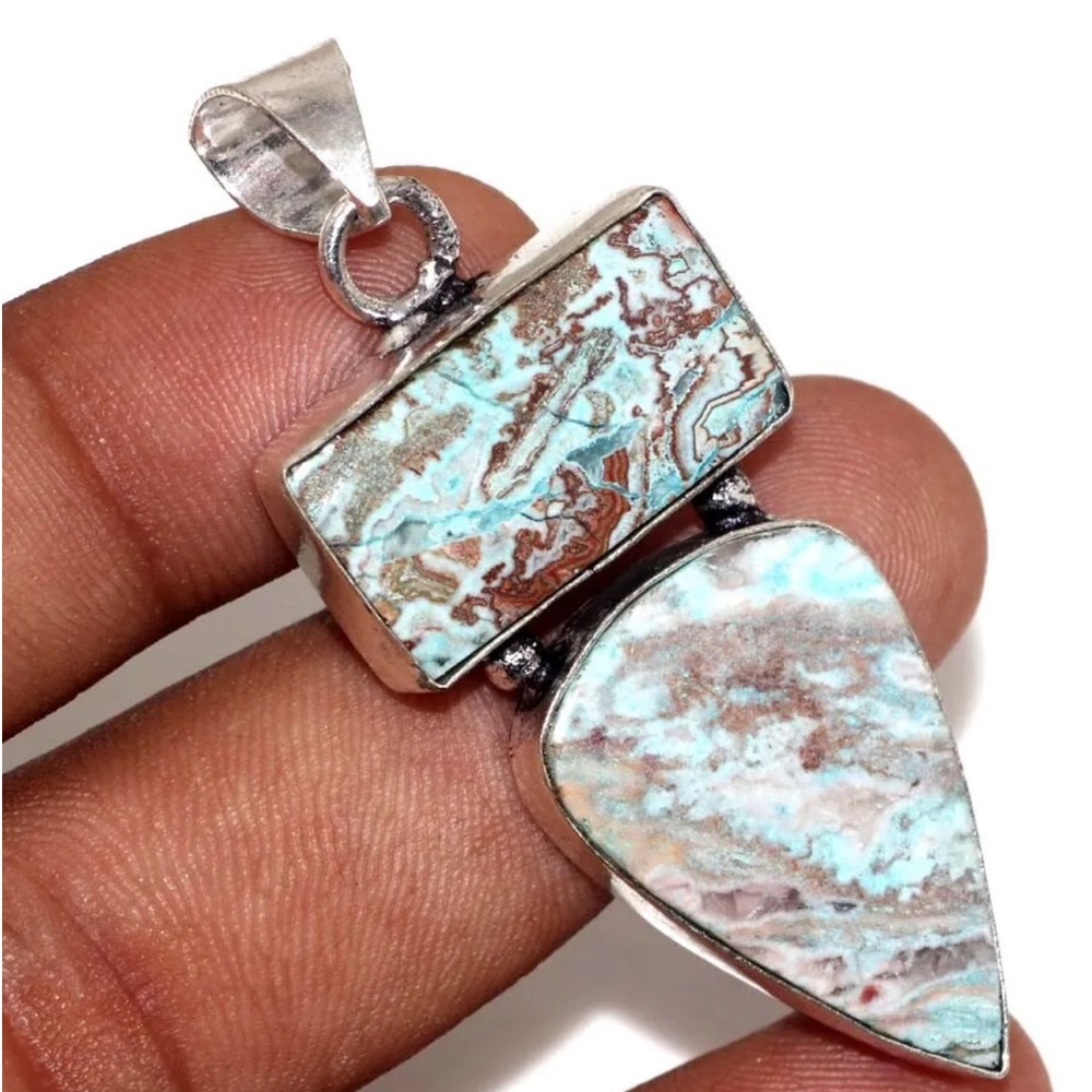 Mexican Blue Laguna Lace 925 Silver Plated Gemstone Long Boho Pendant 2.3"
